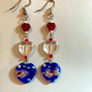 Patriotic, red, white and blue dangle earrings